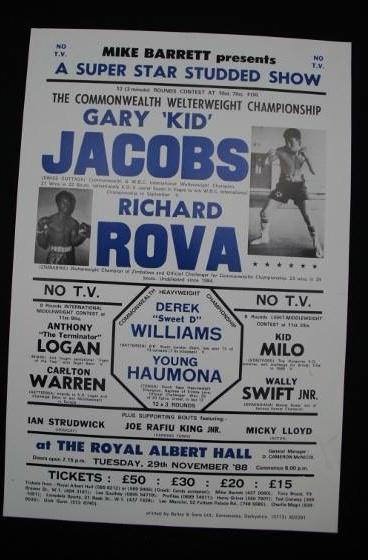 Fight poster, Royal Albert Hall, 1988: Gary Jacobs v Richard Rova, with Derek Williams on the bill