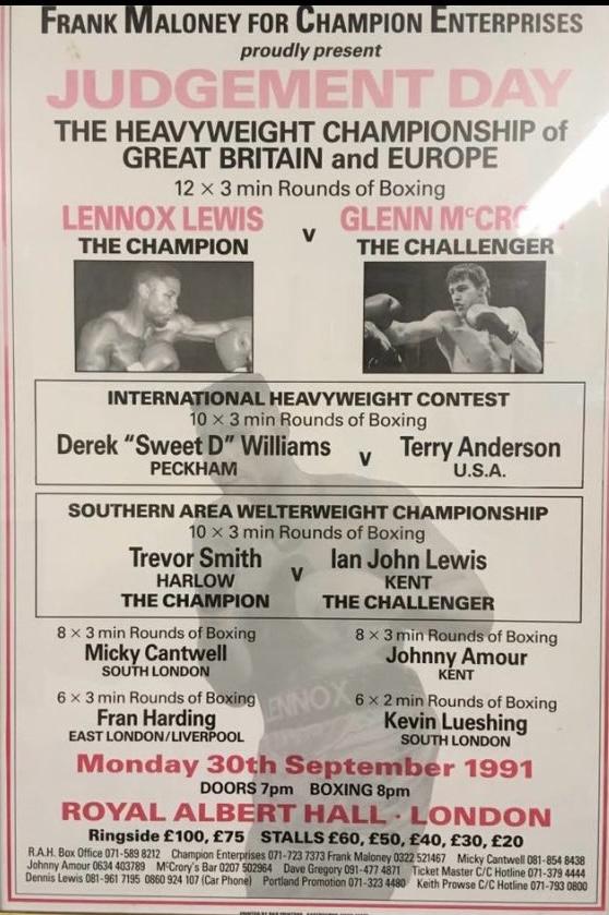 Fight poster, Judgement Day, Royal Albert Hall, 30 September 1991: Lennox Lewis v Glenn McCrory, with Derek “Sweet D” Williams v Terry Anderson