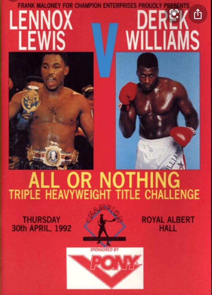 Fight poster: Lennox Lewis v Derek Williams, All or Nothing, triple heavyweight title challenge, Royal Albert Hall, 30 April 1992