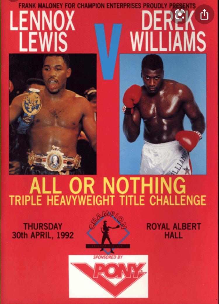 Fight poster: Lennox Lewis v Derek Williams, All or Nothing, triple heavyweight title challenge, Royal Albert Hall, 30 April 1992